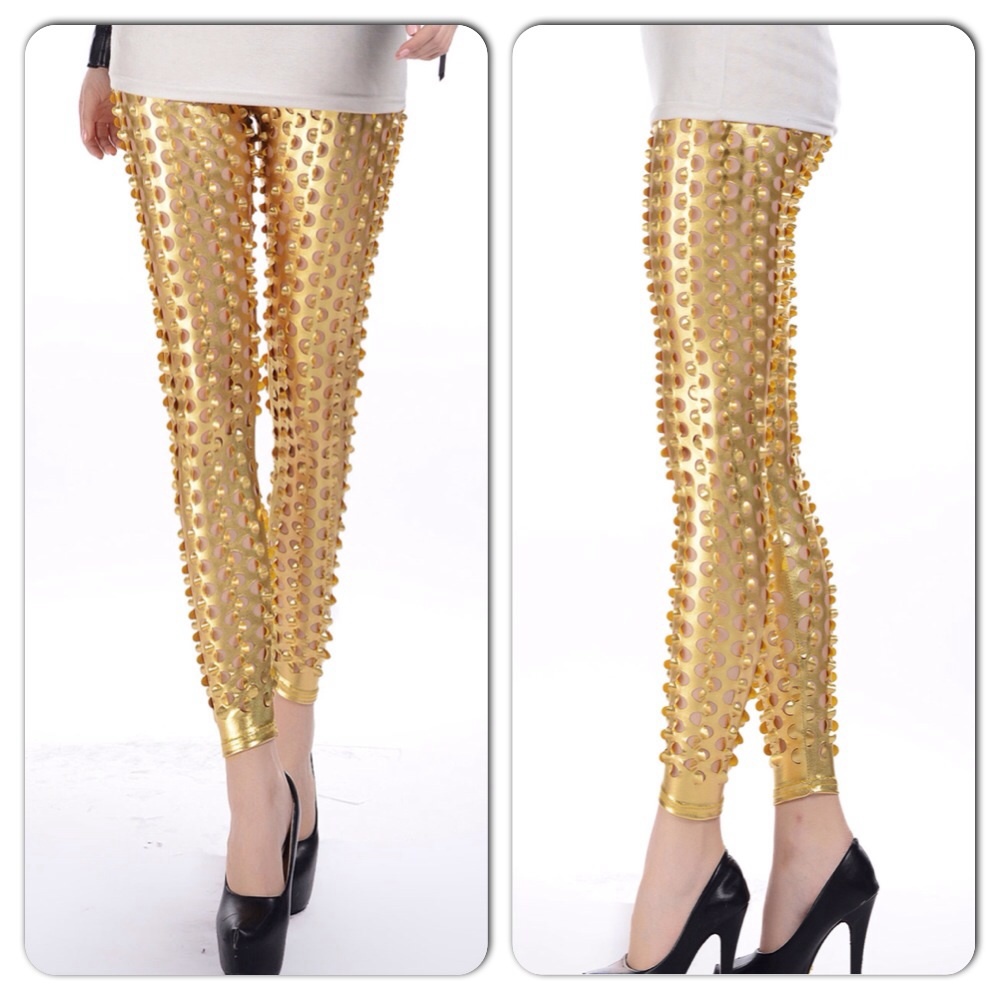 Sexy Gold Fish Scale Holes Cut Out Leggings